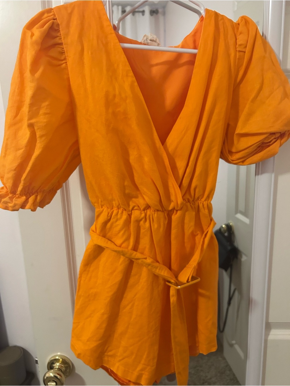 Lena Orange Wrap Romper with Puff Sleeves